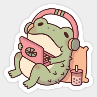 Cute Toad Chilling With Laptop and Boba Tea Sticker